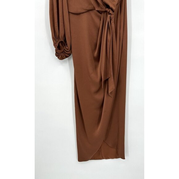 SHONA JOY dress luxe tie front one shoulder satin mocha midi party event 4 - Picture 8 of 11